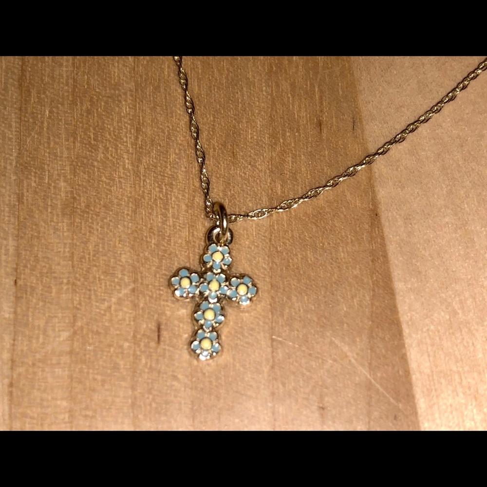 14k Gold Cross with Blue Flowers